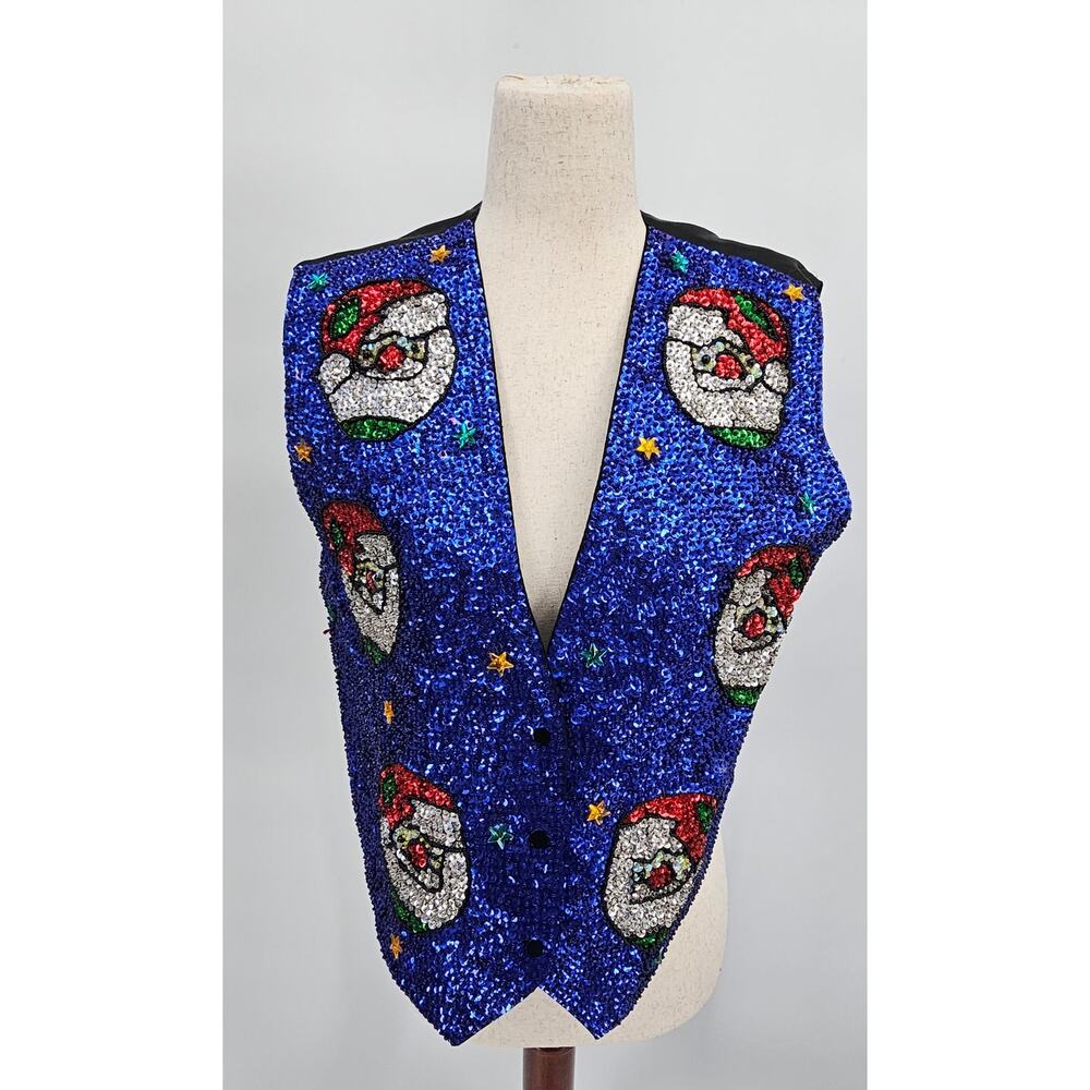 Vintage JC Women's L (36) Blue Sequin Santa Faces Holiday Vest
